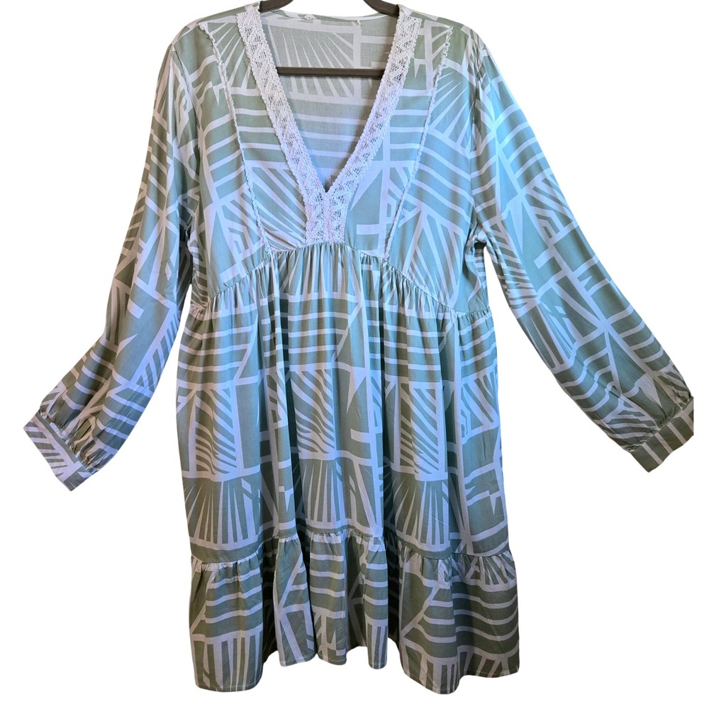 Salty Lemon NWOT Boho Sage Green Geometric Print Lace Trim V-Neck Tiered Dress L